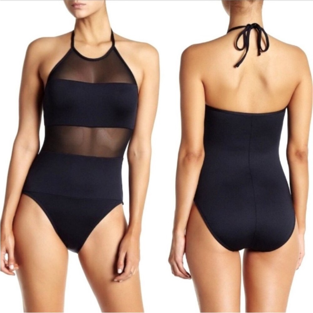 Black Mesh Halter One-Piece Swimsuit - Women's Swim